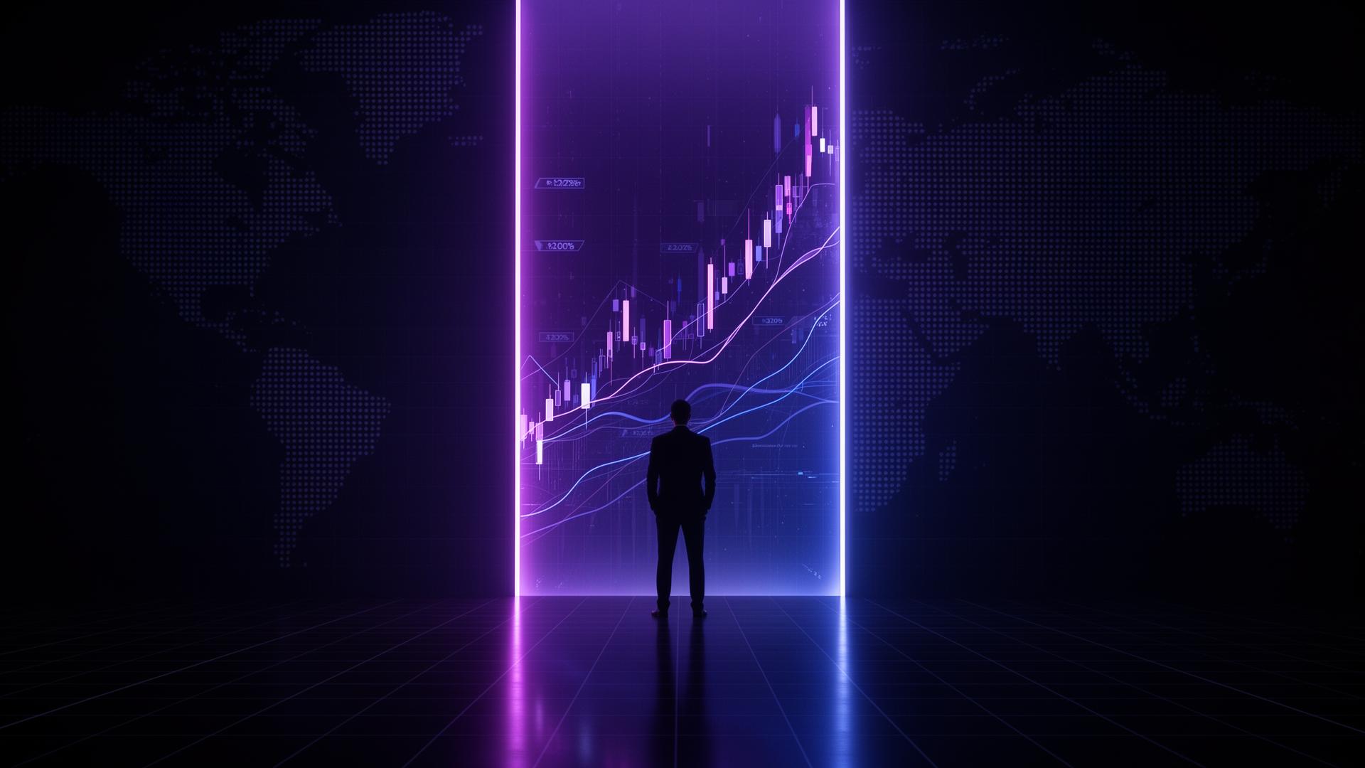 A trader stands before a glowing portal revealing market structure inside